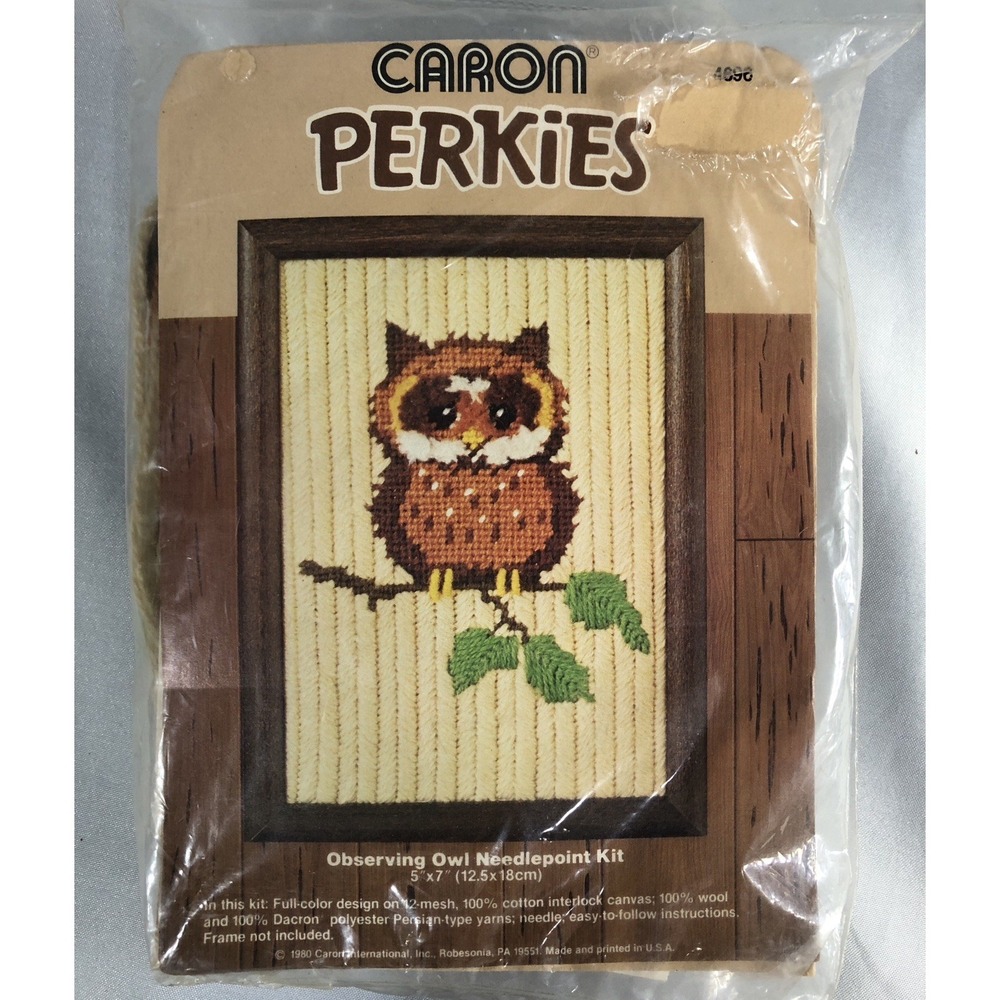 Vintage Caron Perkies Needlepoint Kit Observing Owl Kit #4696 1980 NIP